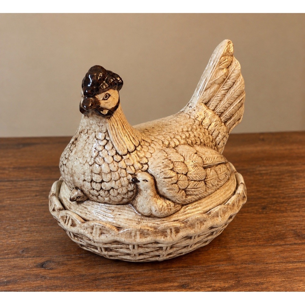 Vtg Countryside Ceramics Hen on Nest Covered Dish Double Chicks Farmhouse